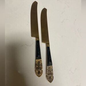 Lot of 2 Vintage Buddha Butter Knife Bronze and Wood Made in Hong Kong